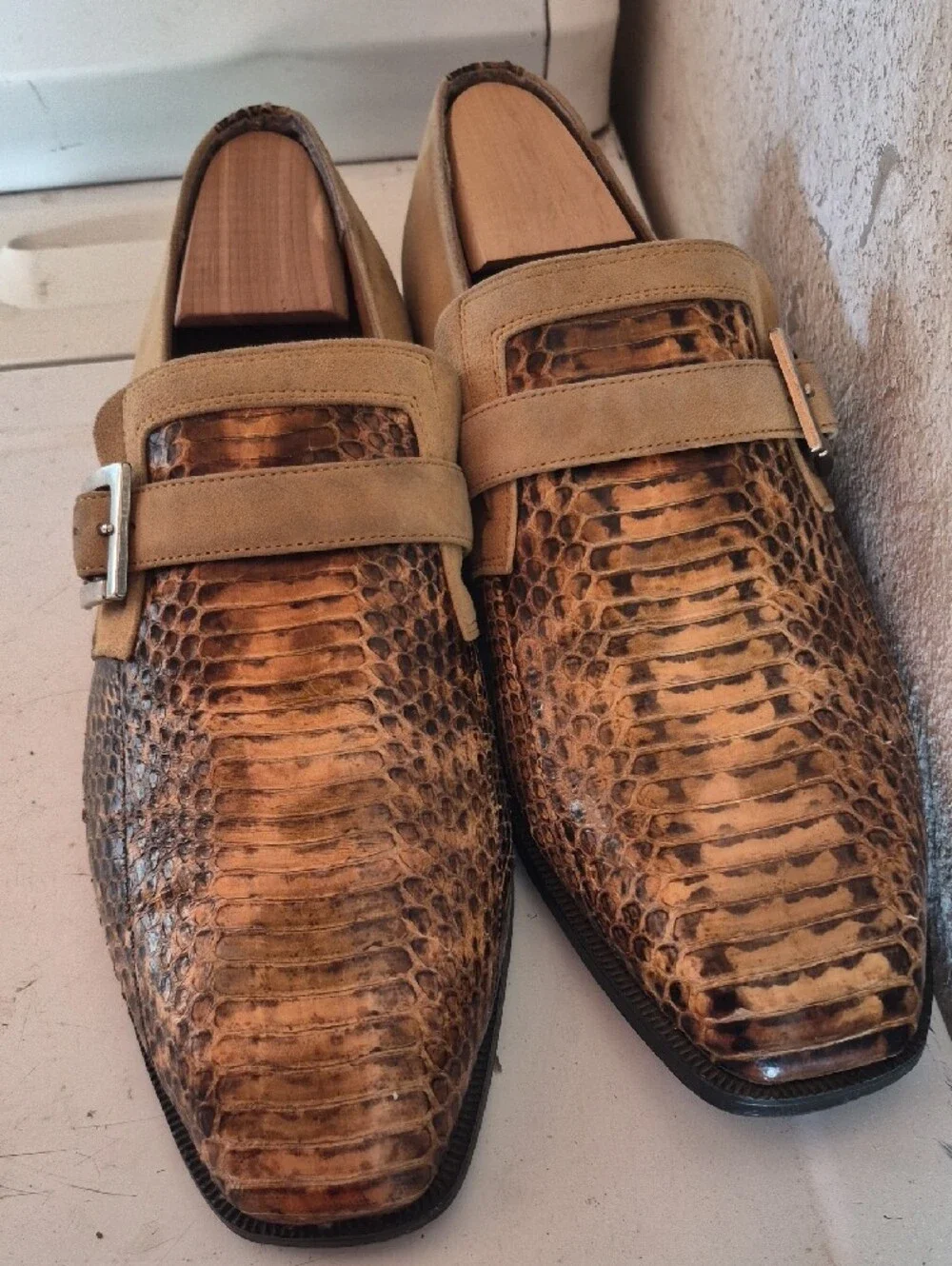 Men's Tan & Brown Exotic Leather Monk Strap Slip-Ons